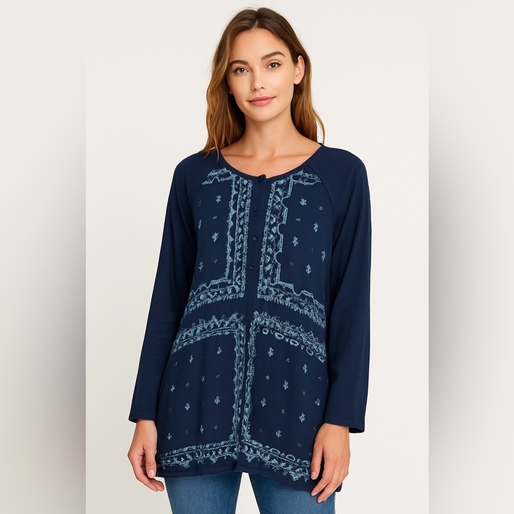 Johnny Was Blue Floral Embroidered Long Sleeve Tunic Blouse - Size Small